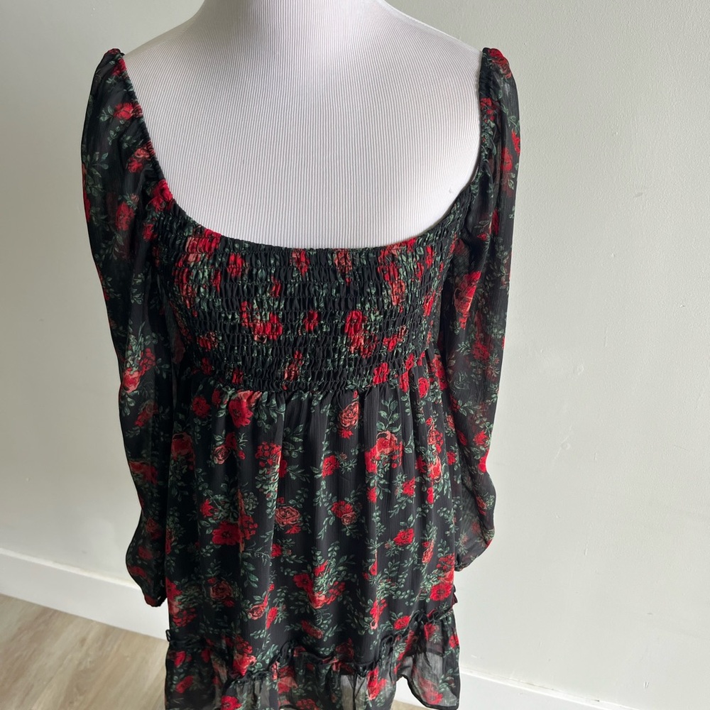 Francesca's Collections Black and Red Smocked Long Sleeve Dress